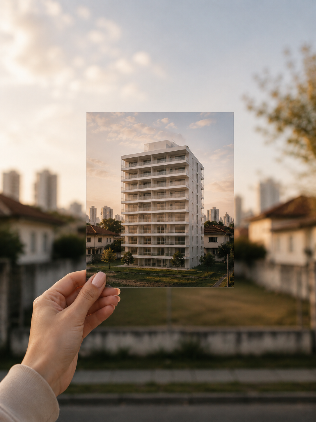 Edifício moderno em meio a casas, simbolizando o potencial construtivo de um terreno urbano